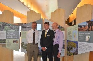 Edinburgh Botanics Director of Science Pete Hollingsworth (centre) shows off the new ash dieback exhibit to the chair of the Scottish Tree Health Advisory Group, David Henderson-Howart (left) and Phil Balls (right), Scottish Government (RESAS). 