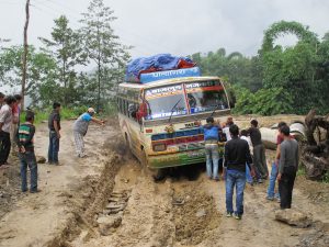 Our first bus the Burtibang Express. Road conditions at times in Baglung District Nepal