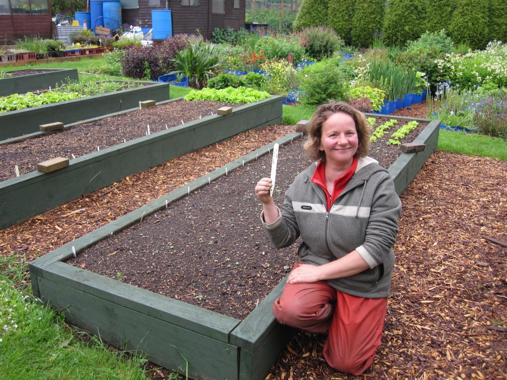 Elinor and the trial plots at Redhall Walled Garden, Edinburgh.