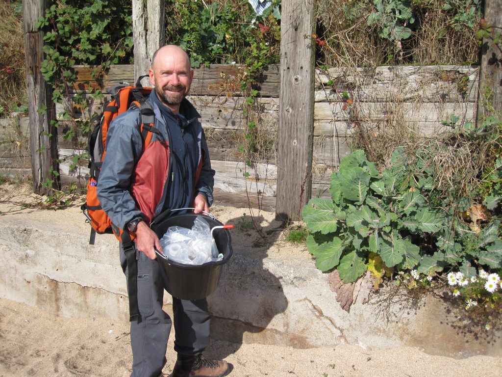 Richard ready to sample soils at the Fife location of the wild cabbage used for the Really Wild Veg growing trials.