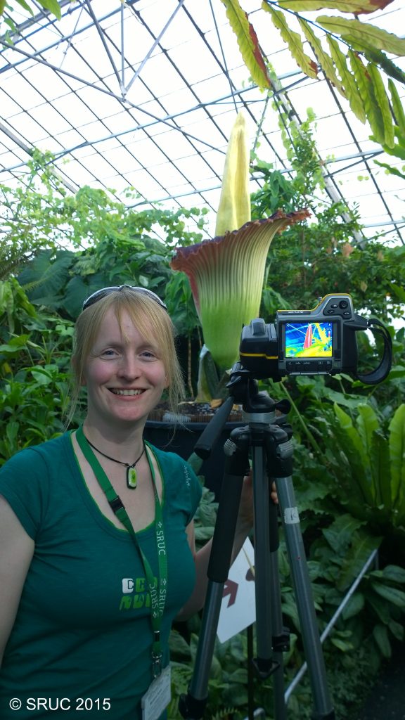 Marianne with one of the two thermal imaging cameras used to record the heating of the titan arum. Image: copyright SRUC.