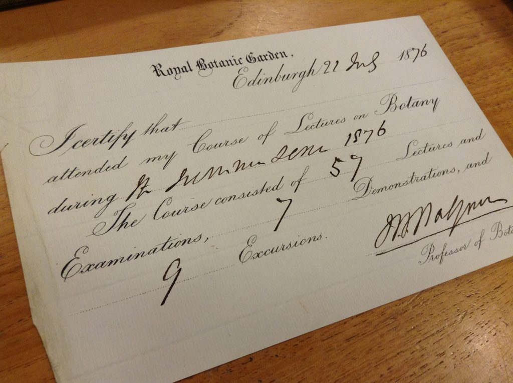 Certificate issued by John Hutton Balfour in 1876 at the end of the Botany course - presumably Conan Doyle would have received a similar one the year after.