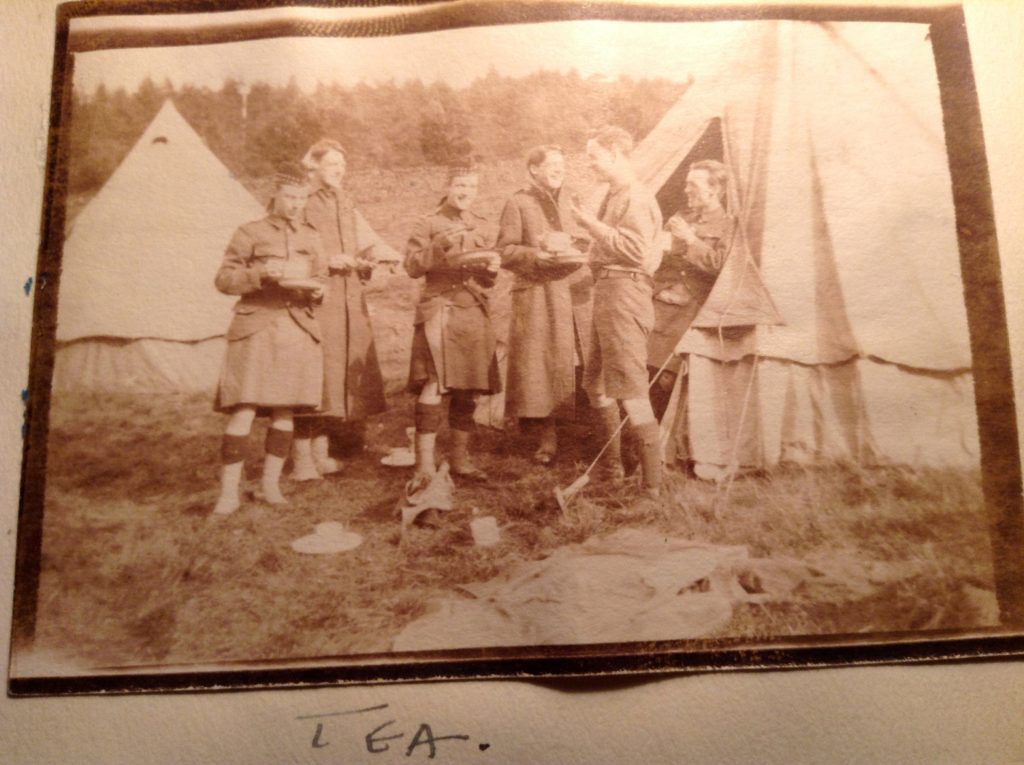 John Anthony and his fellow cadets enjoy tea in the camp, likely Peebles, c.1915.