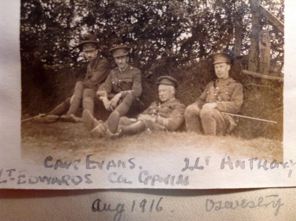 2nd Lieutenant Anthony with Lieutenant Edwards, Captain Evans and a very relaxed Colonel Gavin in Oswestry, August 1916; around a month before Anthony is sent to the Western Front.
