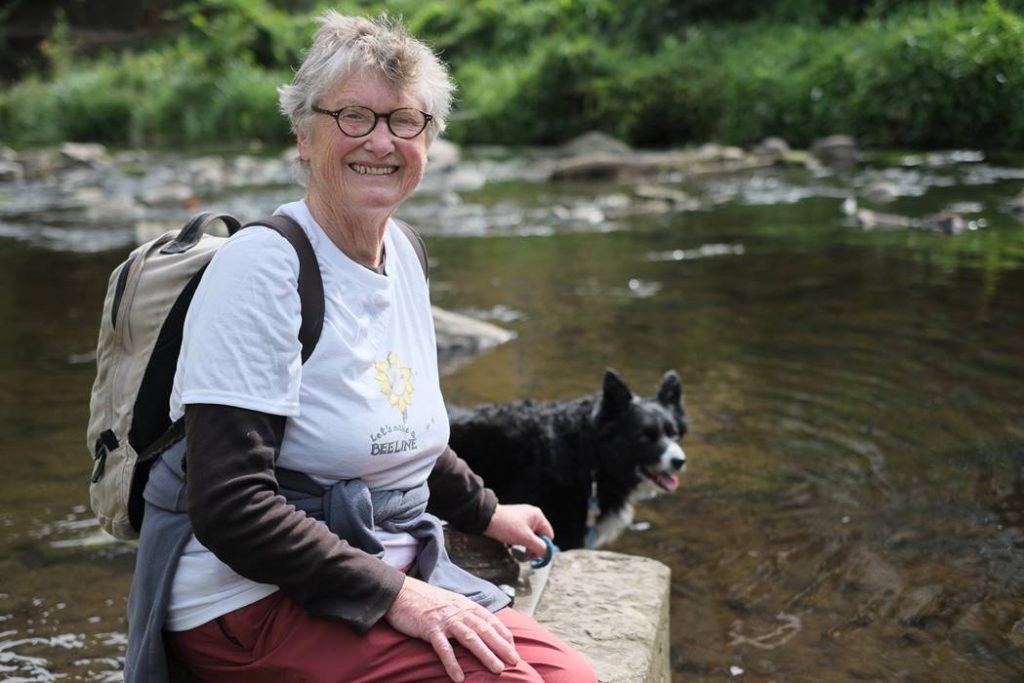 Meg at the Water of Leith on the first day of her Let's Make a Bee Line walk to raise awareness about the plight of bees.