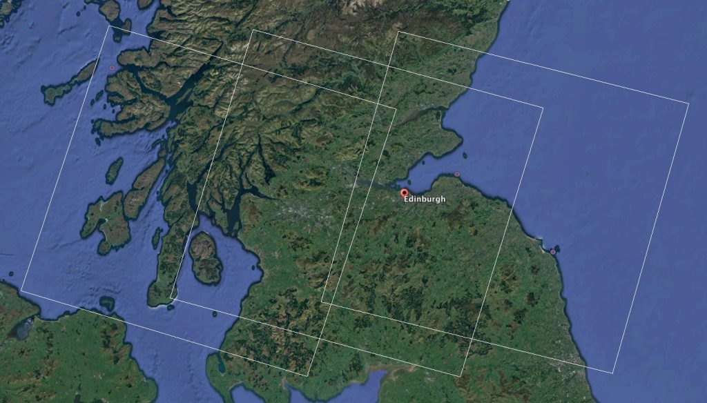 Three Landsat 8 Scenes covering central Scotland