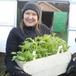 nadia with a winter vegetable window box