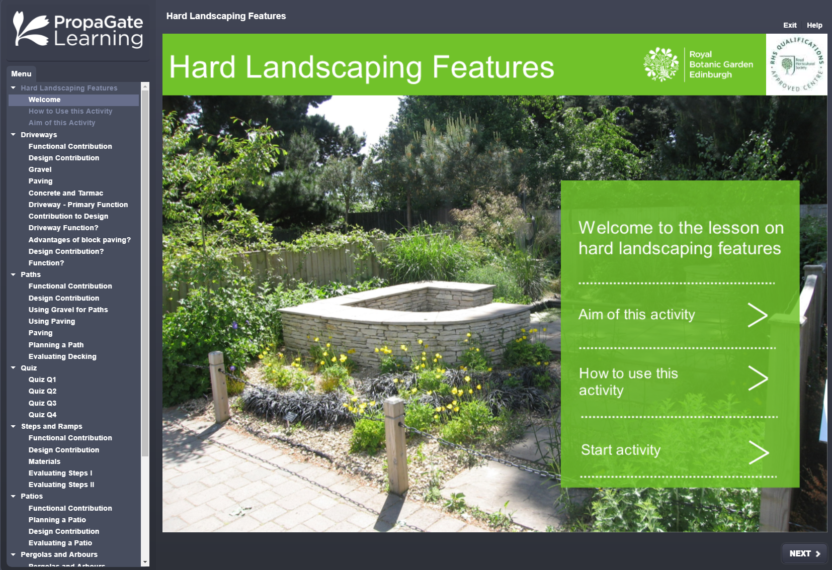A screeshot of the interctive lesson on Hard Landscaping Features