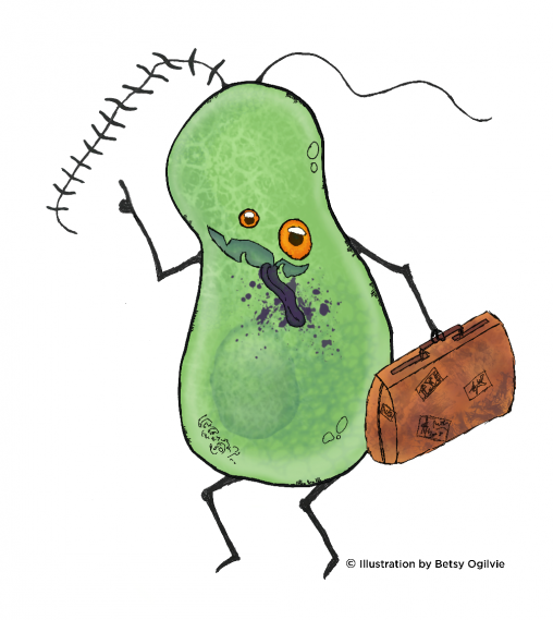 Grimacing microbe carrying a battered suitcase