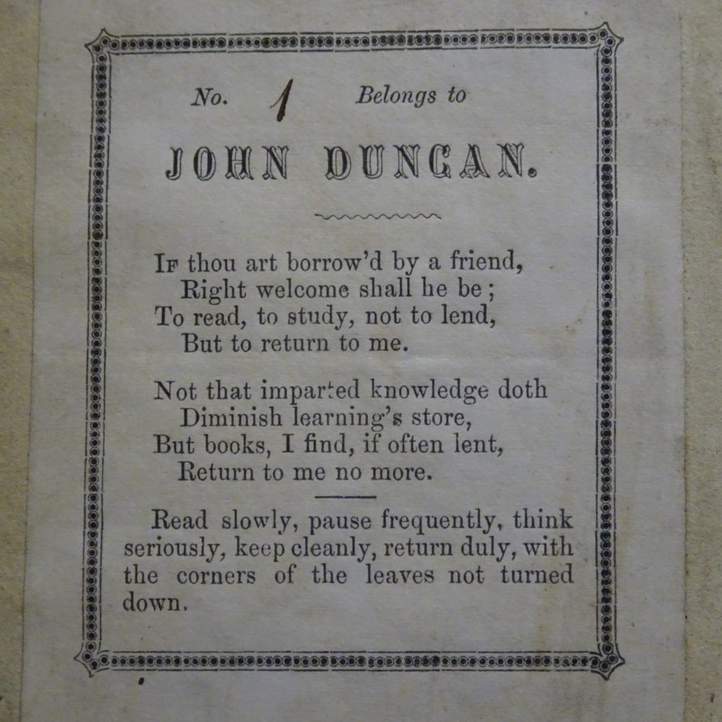 To show he printed label John Duncan pasted in his bookshad