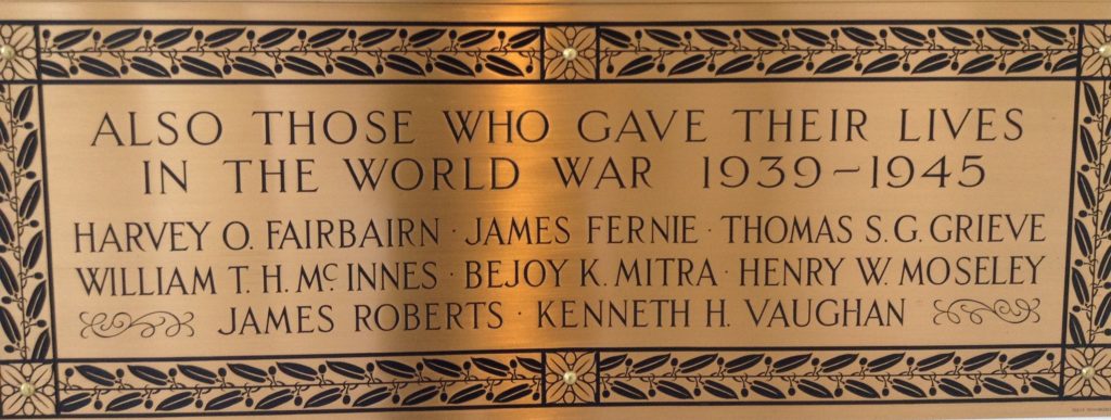 Photograph of the World War 2 memorial plaque at the RBGE Science Building reception.
