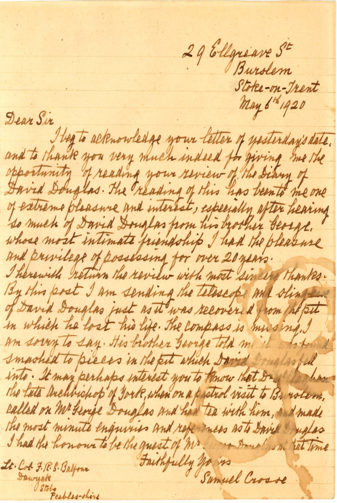 image of a handwritten letter between Samuel Crosse and F.R.S. Balfour in 1920.