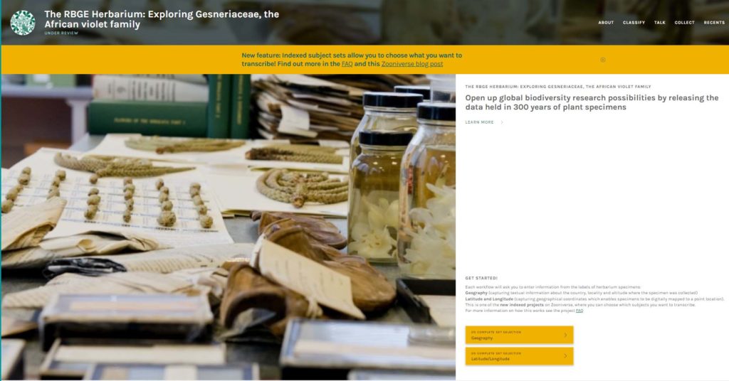 Landing page on the Zooniverse platform for The RBGE Herbarium: Exploring Gesneriaceae, the African violet family. It displays an image of herbarium collections laid out on a research bench and the workflow options Geography and Latitude/Longitude for volunteers to choose from.