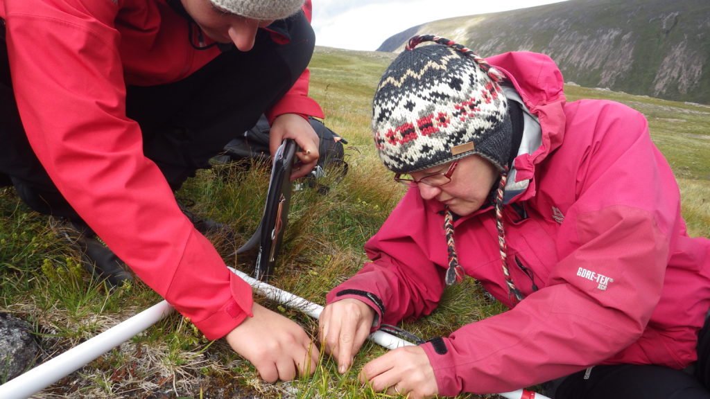A woman in a pink waterproof jacket and Fairisle-style woolly hat is studying organisms in a quadrat on a grassy hillside. Another person is just visible to the left of the frame, helping.