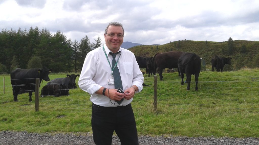 A smiling white man wearing glasses and a shirt and tie, stands in front of a field of black cows, with hills and clouds beyond