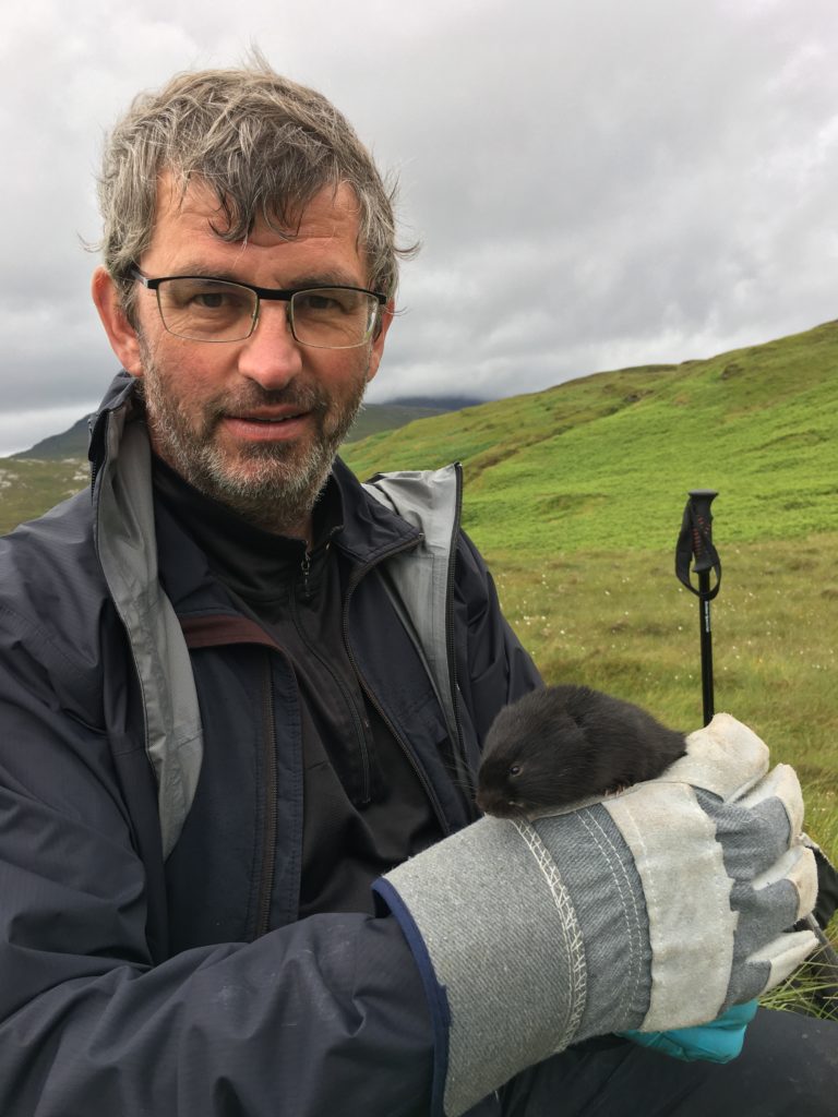 A man wearing strong gloves holds a sleek black water vole, in front of a grassy mountain landscape and lowering cloudy sky