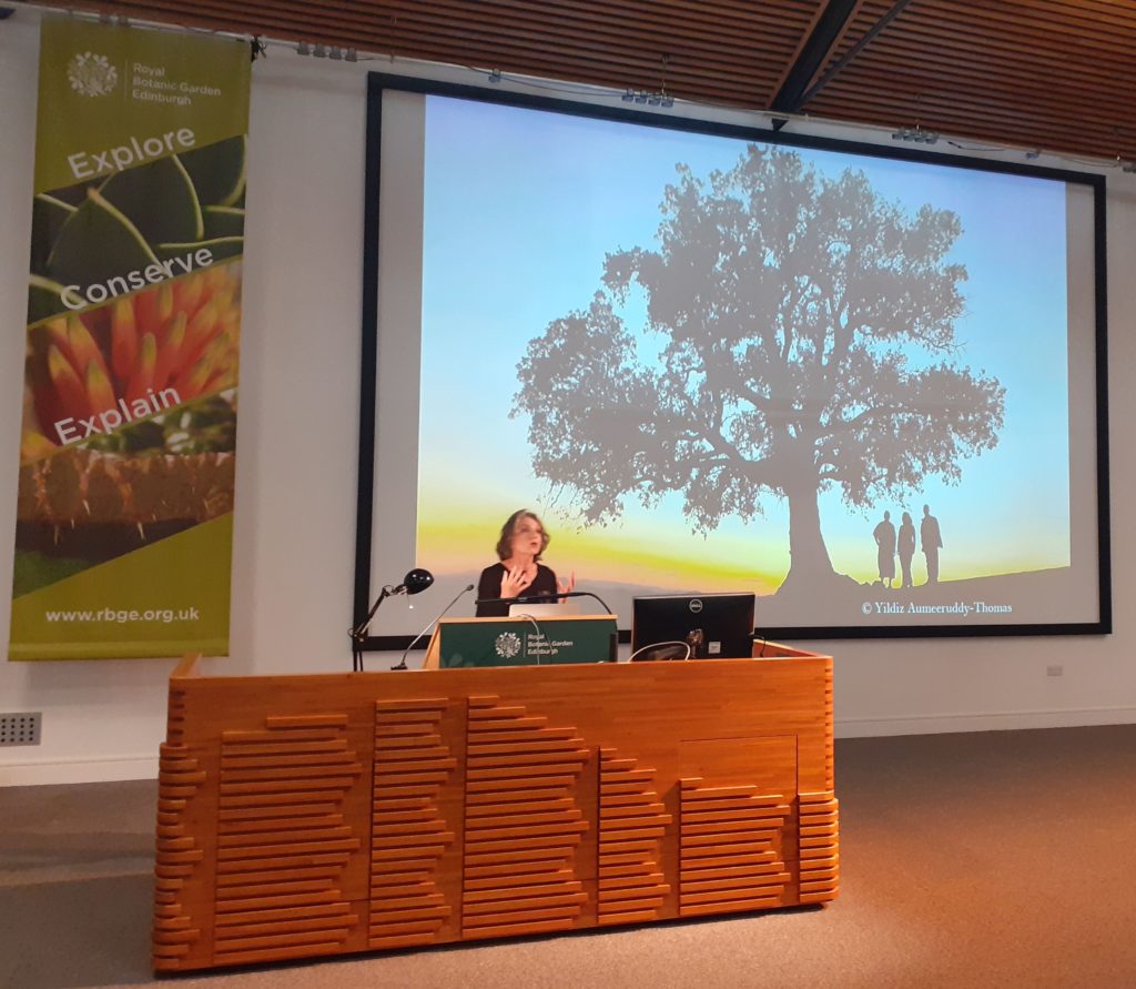 Sandra Díaz  standing at a lectern in front of a slide showing a silhouetted tree with three people standing beneath it