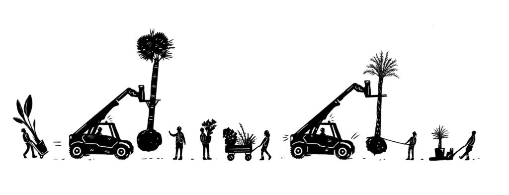 An illustration showing horticulturists moving plants of various size. Kevin Bannon