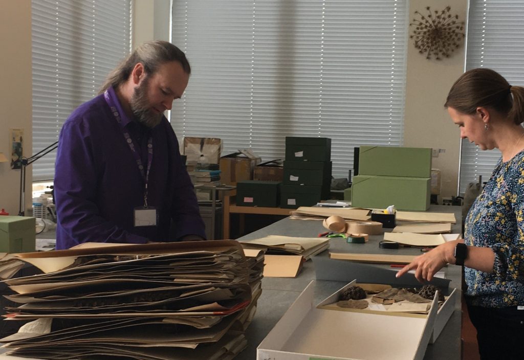 Chris Knowles (left) and Robyn Drinkwater (right) recurating RBGE Magnoliaceae herbarium specimens on a sorting bench. There are folders stacked at the front of the bench and  herbarium folders and other stationary supplied spread across the bench(table) surface.