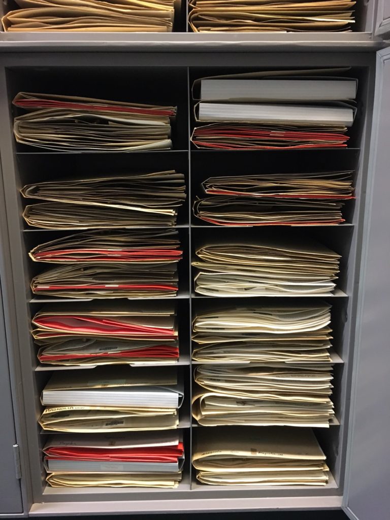 Genus folders containing Magnoliaceae specimens within a herbarium cabinet.