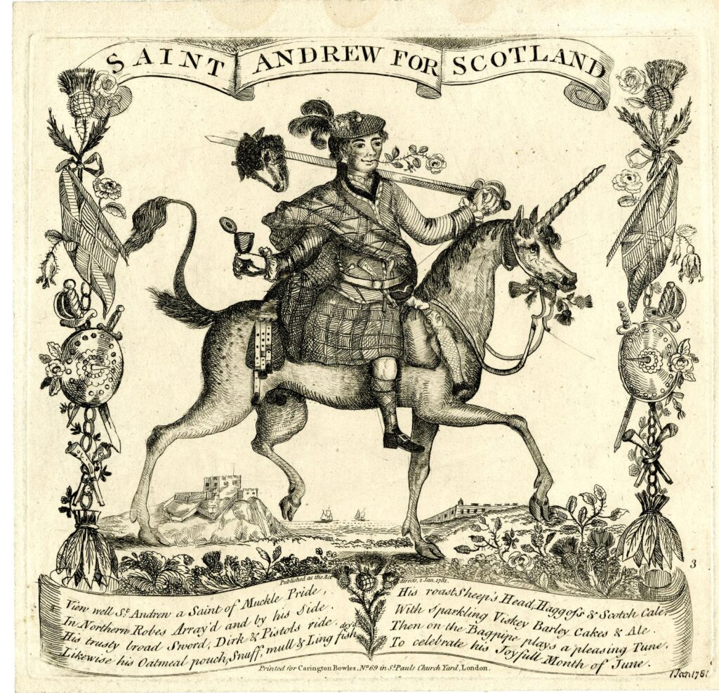 “Saint Andrew for Scotland” etching published by Carington Bowles, 1781. Satirical representation of St. Andrew, features numerous motifs in reference to Scotland, including the thistle. © The Trustees of the British Museum, released as CC BY-NC-SA 4.0 