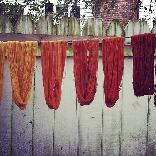 Skeins dyed naturally with madder root (Source: Madison60 CC BY-SA)