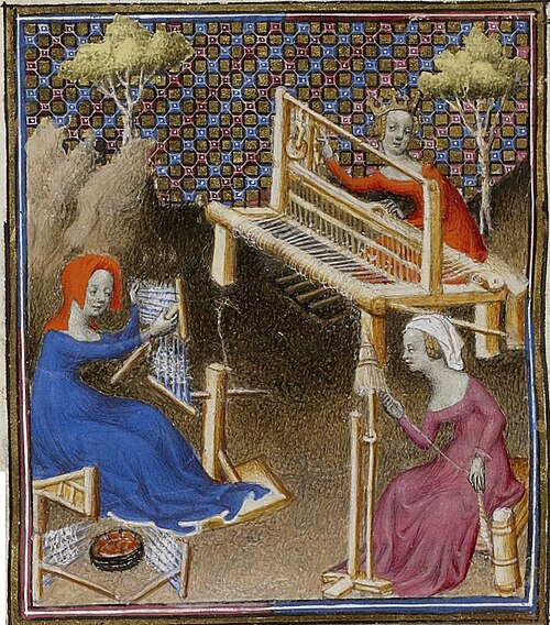 Women weaving, spinning, and combing flax. From Giovanni Boccaccio's treatise "On Famous Women." MS Fr. 598, f. 70v, Bibliotheque Nationale, Paris. France, 15th century.