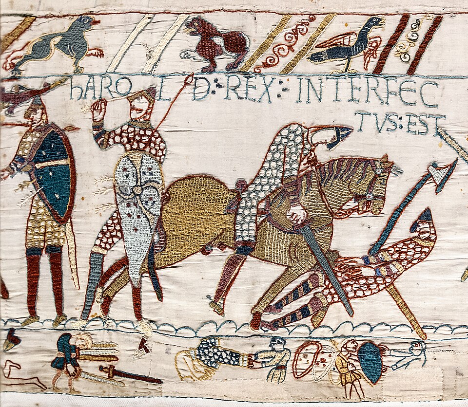 The Bayeux Tapestry, Scene 57: the death of King Harold at the Battle of Hastings.
Titulus: HIC HAROLD REX INTERFECTUS EST (Here King Harold is slain)
