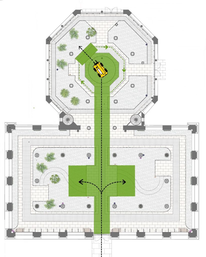 An overhead, 2D illustration of the layout of the Palm House, it shows the pattern of planting around the space, going from left to right.