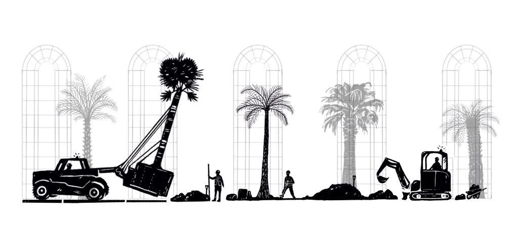 A simple, 2D black and white illustration of characters moving plants inside the Palm House.