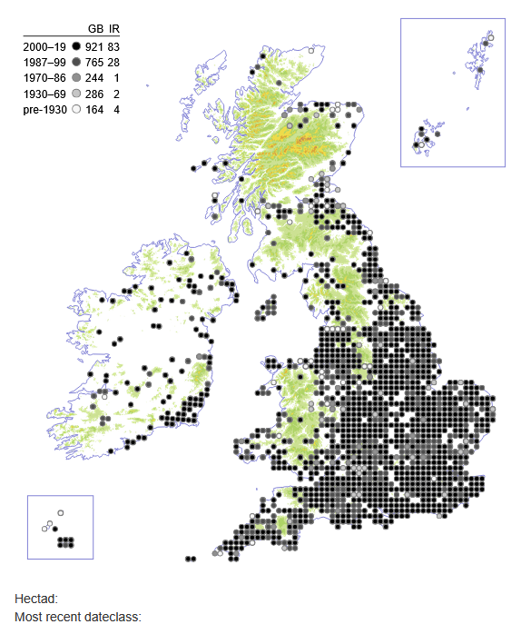 Distribution of Linum usitatissimum L. in the United Kingdom and Ireland (BSBI Plant Atlas 2020)